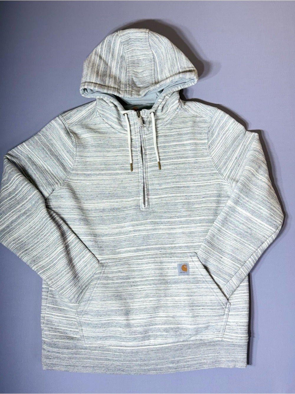 Carhartt Relaxed Fit Striped Fleece Quarter Zip Hoodie Logo Gray/White Women’s M